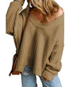 Khaki Ribbed Knit Round Neck Slouchy Chunky Sweater - L