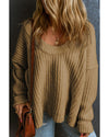 Khaki Ribbed Knit Round Neck Slouchy Chunky Sweater - L