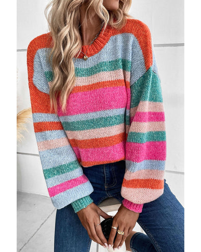 Multicolor Striped Knit Drop Shoulder Puff Sleeve Sweater - S