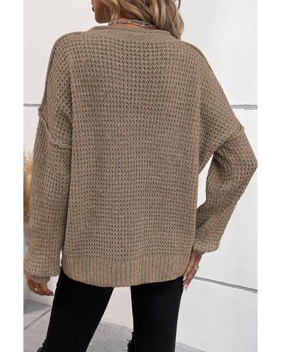 Khaki Pointelle Knit Button V Neck Drop Shoulder Sweater - L