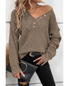 Khaki Pointelle Knit Button V Neck Drop Shoulder Sweater - L