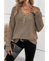 Khaki Pointelle Knit Button V Neck Drop Shoulder Sweater - L