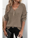 Khaki Pointelle Knit Button V Neck Drop Shoulder Sweater - L