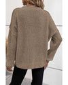 Khaki Pointelle Knit Button V Neck Drop Shoulder Sweater - L