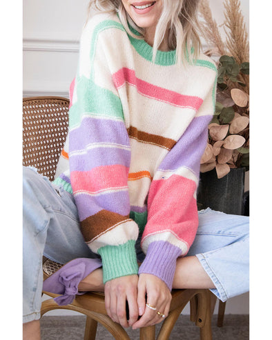 Multicolor Striped Colorblock Drop Shoulder Sweater - L