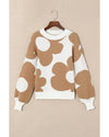 Khaki Big Flower Pattern Drop Shoulder Sweater - M