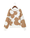 Khaki Big Flower Pattern Drop Shoulder Sweater - M