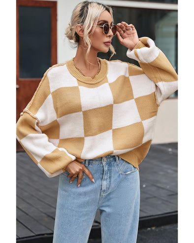 Khaki Checkered Bishop Sleeve Sweater - L