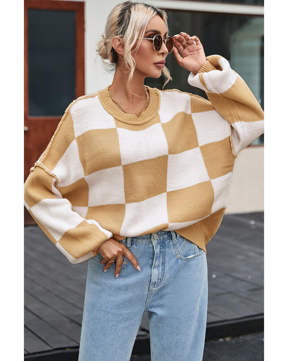 Khaki Checkered Bishop Sleeve Sweater - L