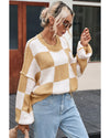 Khaki Checkered Bishop Sleeve Sweater - L