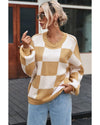 Khaki Checkered Bishop Sleeve Sweater - L