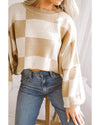 Khaki Checkered Bishop Sleeve Sweater - S