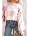 Pink Checkered Bishop Sleeve Sweater - S