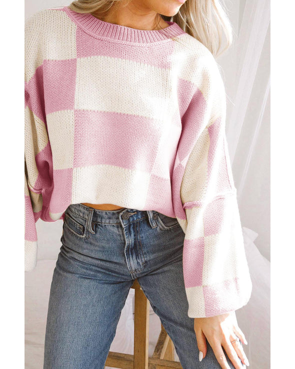 Pink Checkered Bishop Sleeve Sweater - S