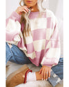 Pink Checkered Bishop Sleeve Sweater - S