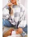 Gray Checkered Bishop Sleeve Sweater - L