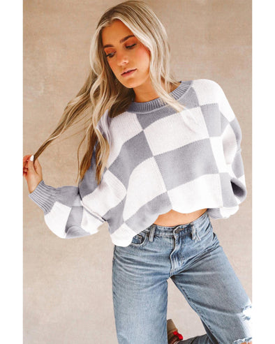 Gray Checkered Bishop Sleeve Sweater - M