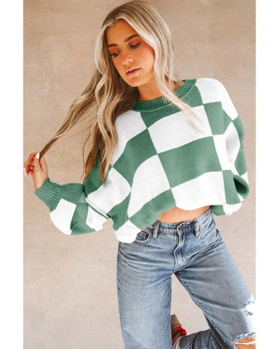 Green Checkered Bishop Sleeve Sweater - M