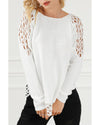 White Solid Scoop Neck Hollow Out Sweater - L
