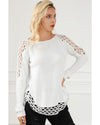 White Solid Scoop Neck Hollow Out Sweater - L
