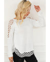 White Solid Scoop Neck Hollow Out Sweater - L