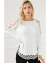 White Solid Scoop Neck Hollow Out Sweater - L