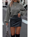 Gray Mock Neck Lantern Sleeve Cable Knit Sweater - XL