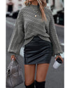 Gray Mock Neck Lantern Sleeve Cable Knit Sweater - XL