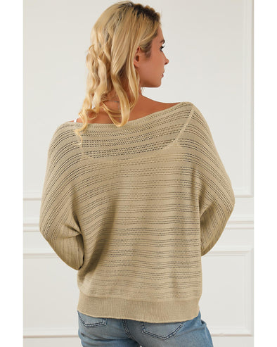 Apricot Lantern Sleeve Eyelets Textured Knit Sweater - L