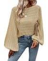 Apricot Lantern Sleeve Eyelets Textured Knit Sweater - M