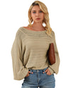 Apricot Lantern Sleeve Eyelets Textured Knit Sweater - M
