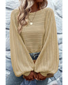 Apricot Lantern Sleeve Eyelets Textured Knit Sweater - M