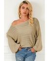 Apricot Lantern Sleeve Eyelets Textured Knit Sweater - M