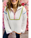 White Colorful Edge Quarter Zip Drop Shoulder Sweater - L
