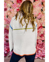 White Colorful Edge Quarter Zip Drop Shoulder Sweater - L