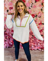 White Colorful Edge Quarter Zip Drop Shoulder Sweater - XL