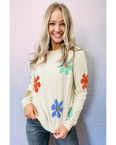 White Sweet Floral Pullover Sweater - M