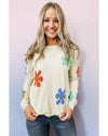 White Sweet Floral Pullover Sweater - XL