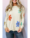 White Sweet Floral Pullover Sweater - XL