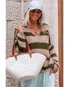 Green Striped Colorblock Knit V Neck Loose Fit Sweater - L