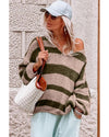 Green Striped Colorblock Knit V Neck Loose Fit Sweater - L