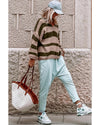Green Striped Colorblock Knit V Neck Loose Fit Sweater - L