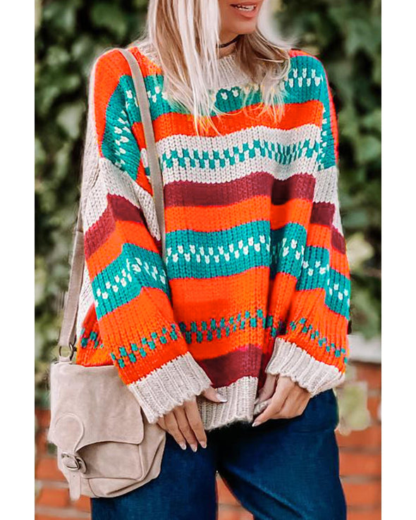 Multicolor Color Block Striped Loose Sleeve Sweater - XL
