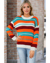 Multicolor Color Block Striped Loose Sleeve Sweater - XL