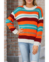 Multicolor Color Block Striped Loose Sleeve Sweater - XL