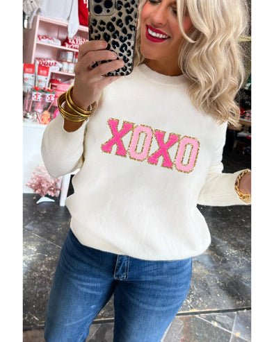 White XOXO Glitter Print Round Neck Casual Sweater - M