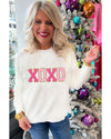 White XOXO Glitter Print Round Neck Casual Sweater - M