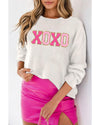 White XOXO Glitter Print Round Neck Casual Sweater - M