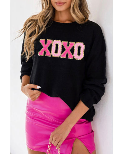 Azura Exchange Black XOXO Glitter Print Round Neck Casual Sweater - 2XL
