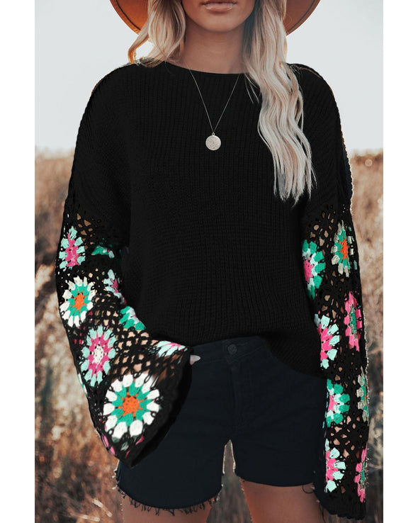 Black Floral Crochet Bell Sleeve Loose Sweater - M